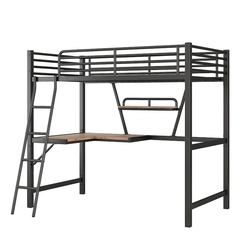 Metall-Hochbett mit Schreibtisch, Schutzgitter und integriertem Regal – Silber und Schwarz