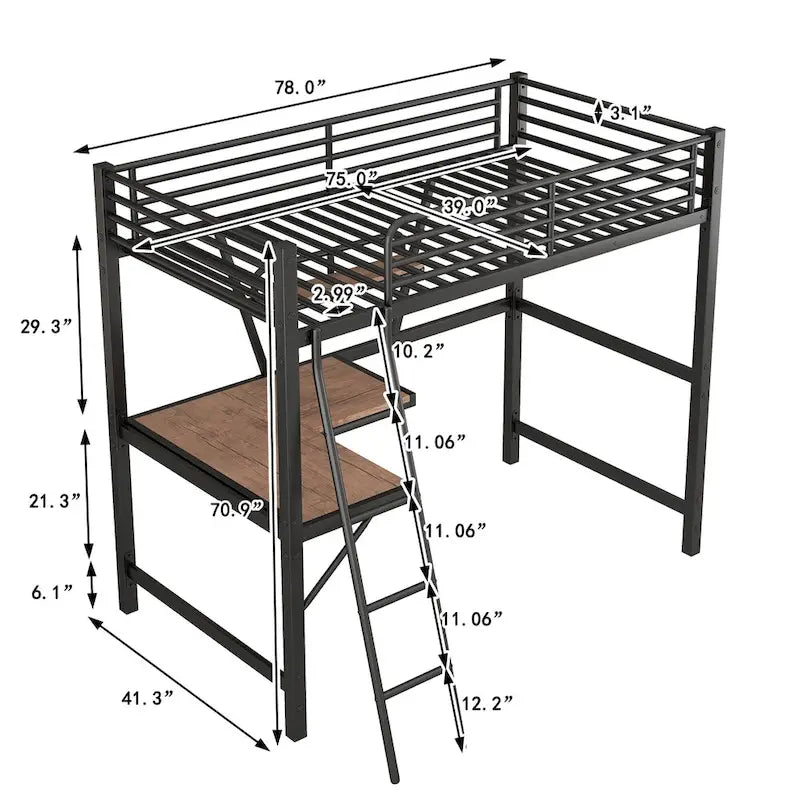 Metall-Hochbett mit Schreibtisch, Schutzgitter und integriertem Regal – Silber und Schwarz