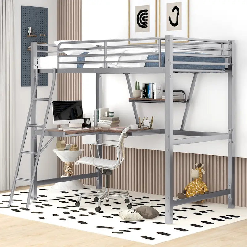 Metall-Hochbett mit Schreibtisch, Schutzgitter und integriertem Regal – Silber und Schwarz