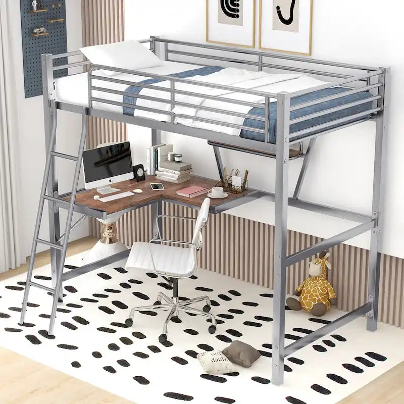 Metall-Hochbett mit Schreibtisch, Schutzgitter und integriertem Regal – Silber und Schwarz