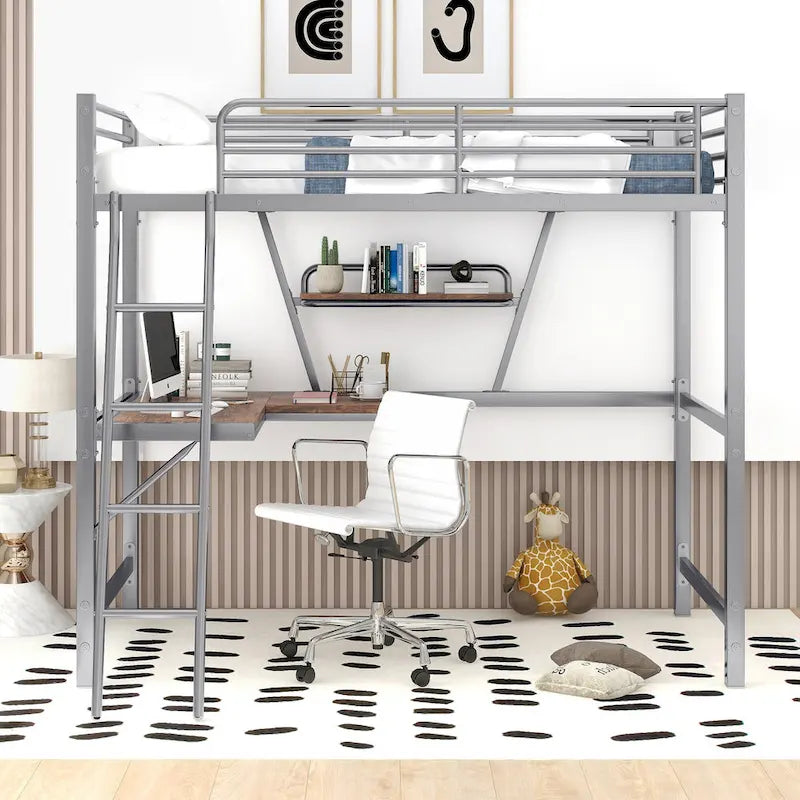 Metall-Hochbett mit Schreibtisch, Schutzgitter und integriertem Regal – Silber und Schwarz