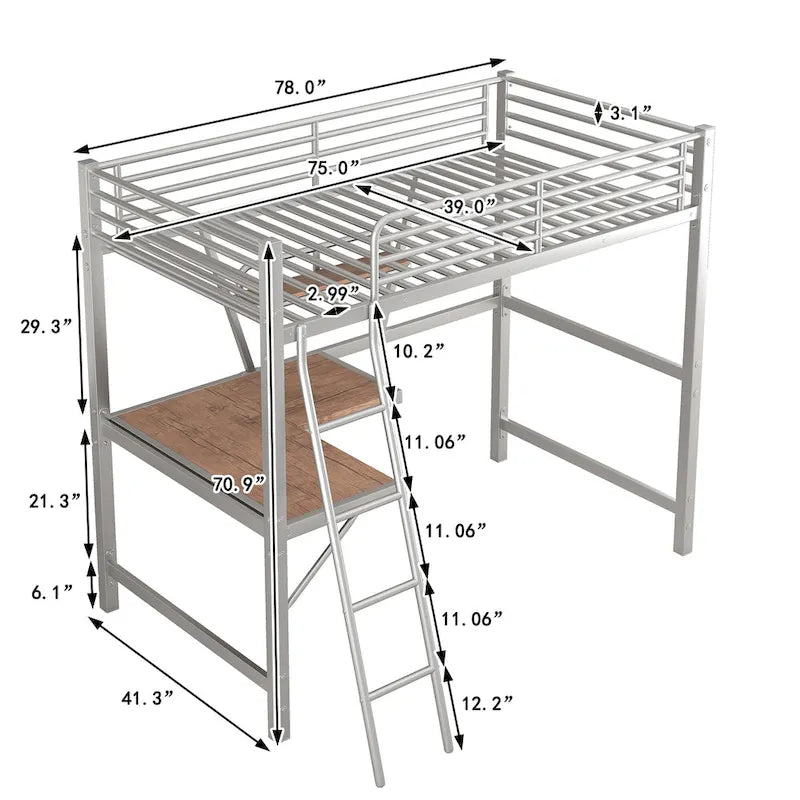 Metall-Hochbett mit Schreibtisch, Schutzgitter und integriertem Regal – Silber und Schwarz