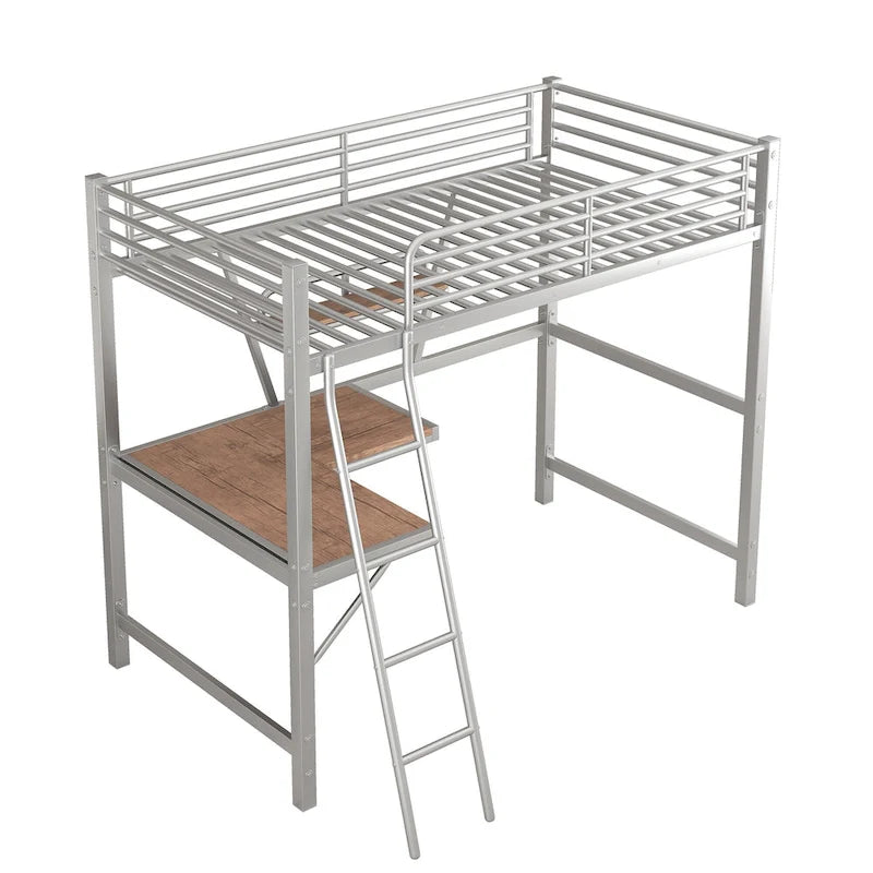 Metall-Hochbett mit Schreibtisch, Schutzgitter und integriertem Regal – Silber und Schwarz