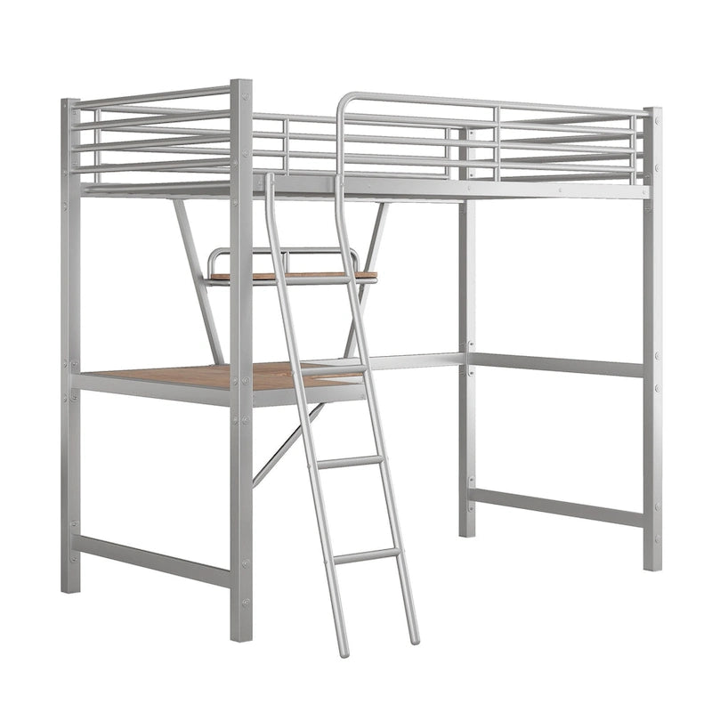 Metall-Hochbett mit Schreibtisch, Schutzgitter und integriertem Regal – Silber und Schwarz