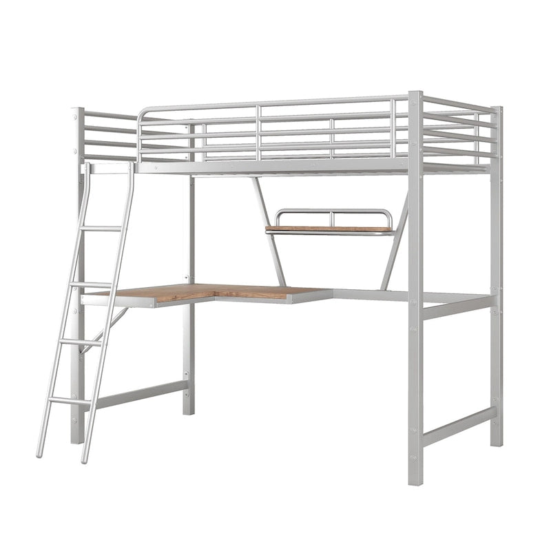 Metall-Hochbett mit Schreibtisch, Schutzgitter und integriertem Regal – Silber und Schwarz