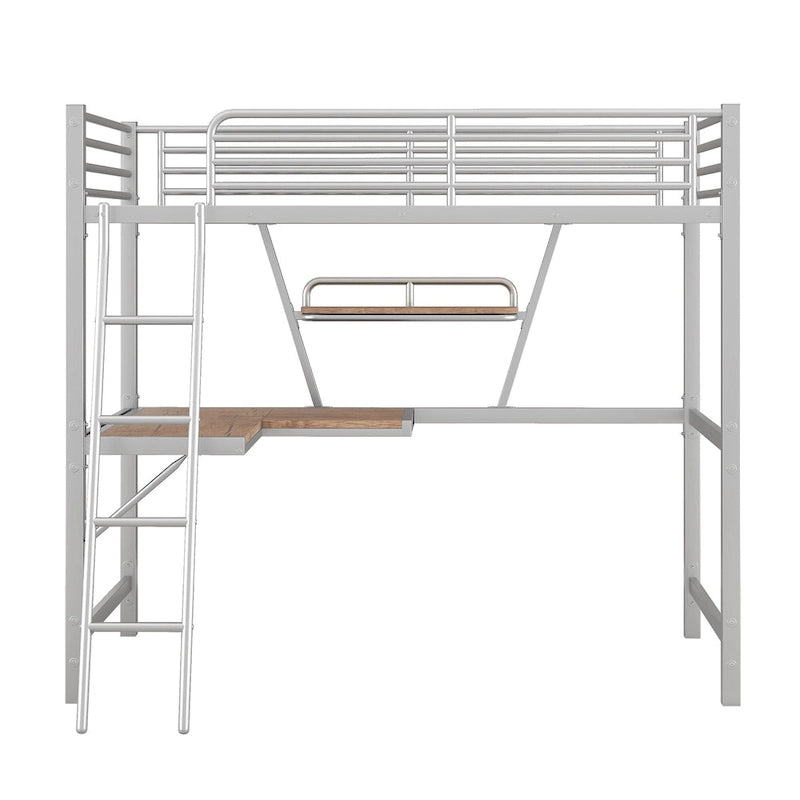 Metall-Hochbett mit Schreibtisch, Schutzgitter und integriertem Regal – Silber und Schwarz