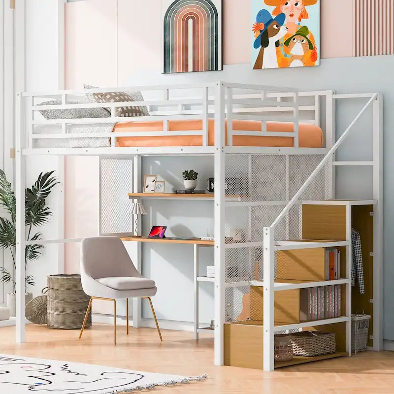 Weißes Metall-Hochbett in voller Größe mit Stauraumtreppe, Kleiderschrank, Schreibtisch und Regalen