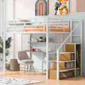 Weißes Metall-Hochbett in voller Größe mit Stauraumtreppe, Kleiderschrank, Schreibtisch und Regalen