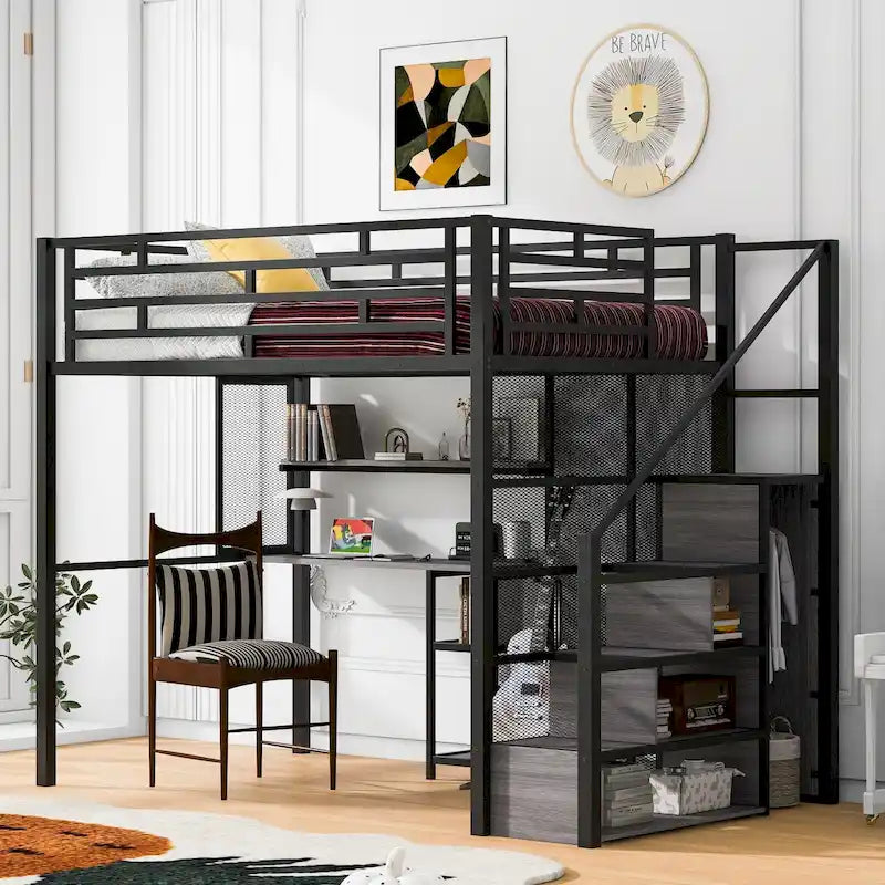 White Metal Full Loft Bed with Storage Staircase Wardrobe Desk Shelves