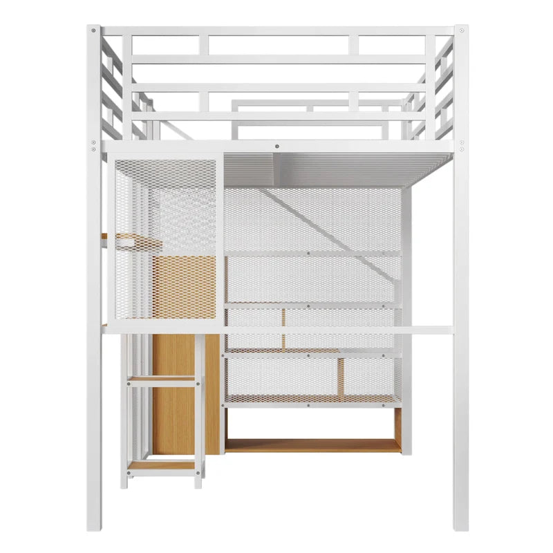Weißes Metall-Hochbett in voller Größe mit Stauraumtreppe, Kleiderschrank, Schreibtisch und Regalen
