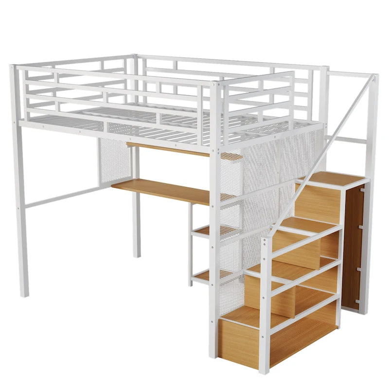 Weißes Metall-Hochbett in voller Größe mit Stauraumtreppe, Kleiderschrank, Schreibtisch und Regalen