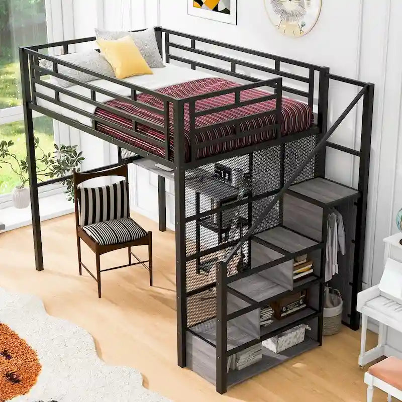 Weißes Metall-Hochbett in voller Größe mit Stauraumtreppe, Kleiderschrank, Schreibtisch und Regalen