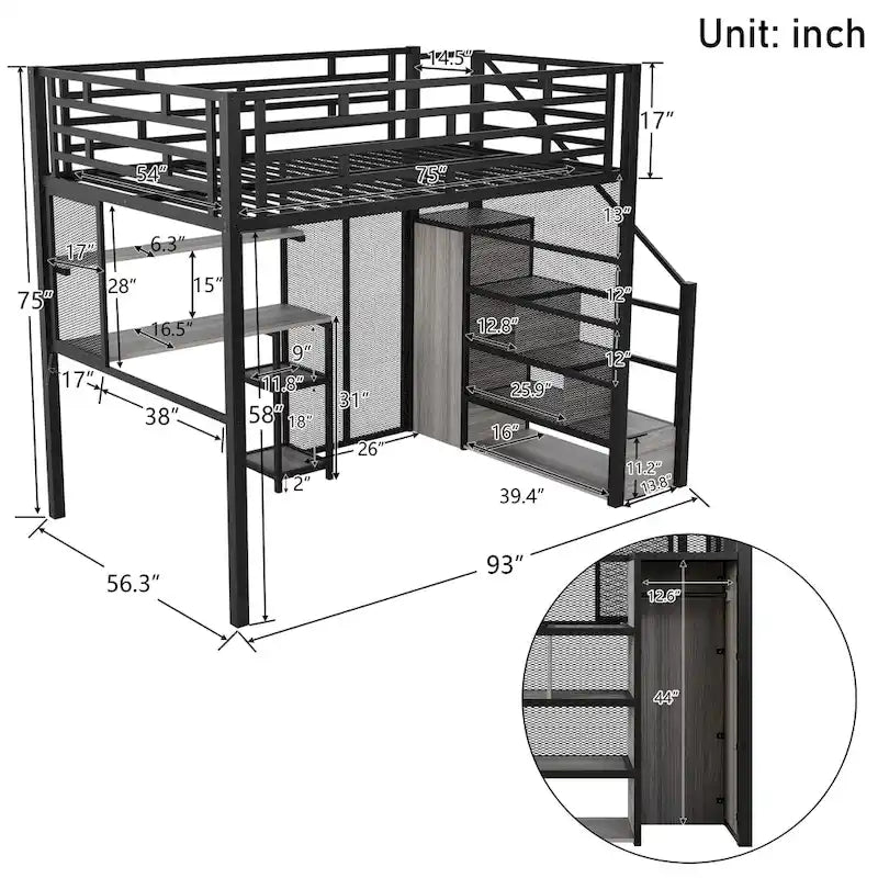 Weißes Metall-Hochbett in voller Größe mit Stauraumtreppe, Kleiderschrank, Schreibtisch und Regalen