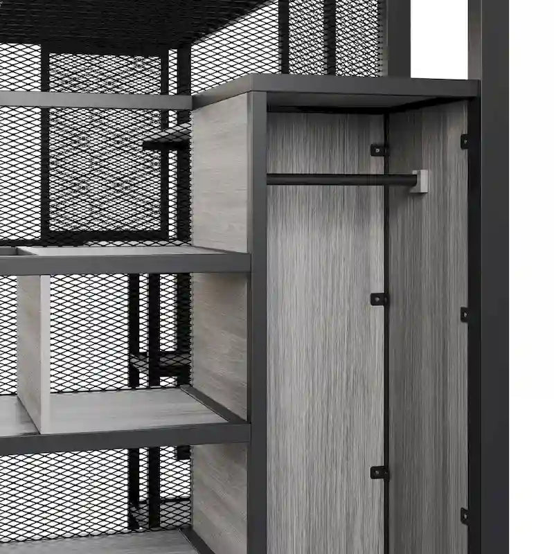 Weißes Metall-Hochbett in voller Größe mit Stauraumtreppe, Kleiderschrank, Schreibtisch und Regalen