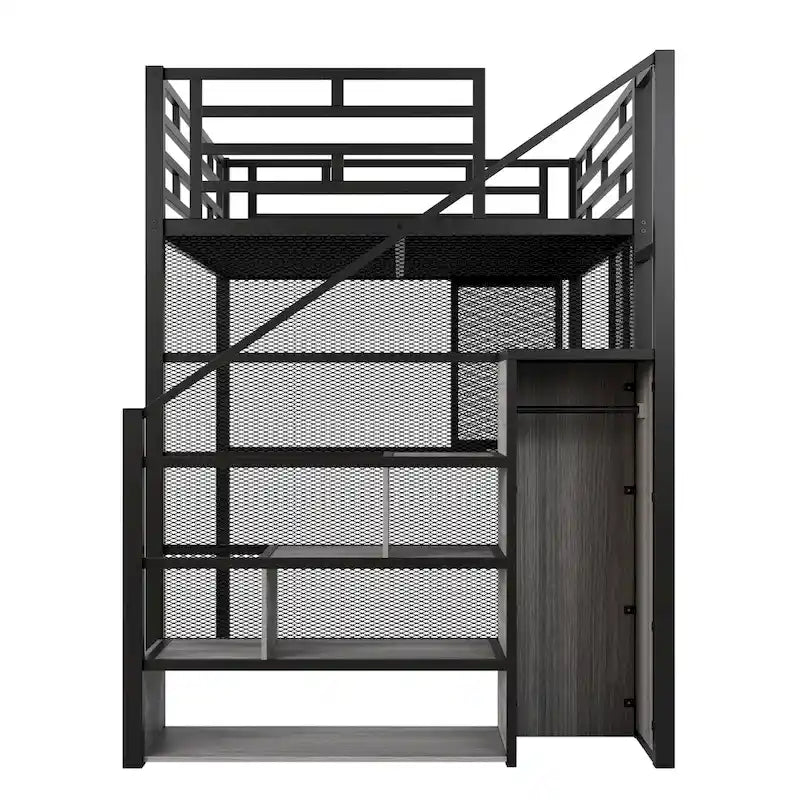 Weißes Metall-Hochbett in voller Größe mit Stauraumtreppe, Kleiderschrank, Schreibtisch und Regalen