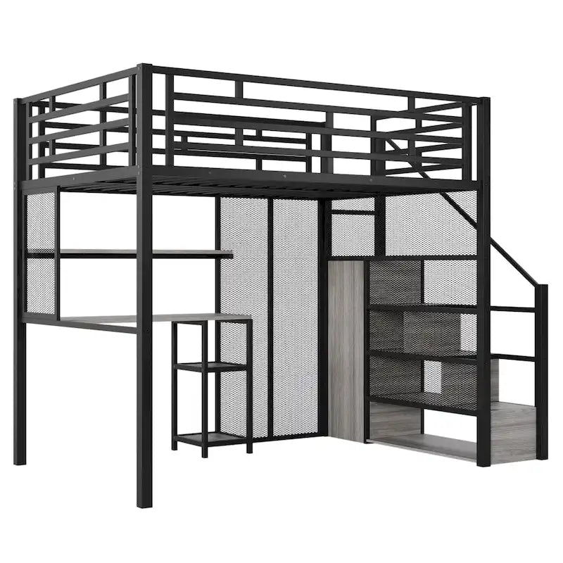 Weißes Metall-Hochbett in voller Größe mit Stauraumtreppe, Kleiderschrank, Schreibtisch und Regalen