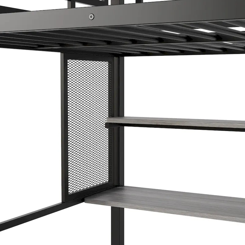 Weißes Metall-Hochbett in voller Größe mit Stauraumtreppe, Kleiderschrank, Schreibtisch und Regalen
