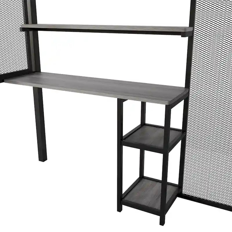 Weißes Metall-Hochbett in voller Größe mit Stauraumtreppe, Kleiderschrank, Schreibtisch und Regalen