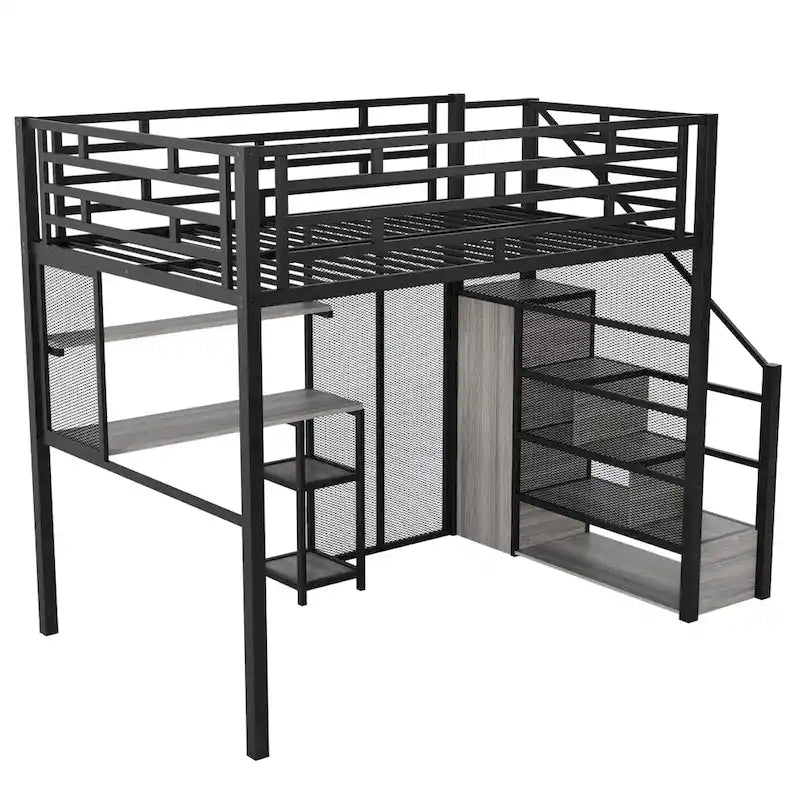 Weißes Metall-Hochbett in voller Größe mit Stauraumtreppe, Kleiderschrank, Schreibtisch und Regalen