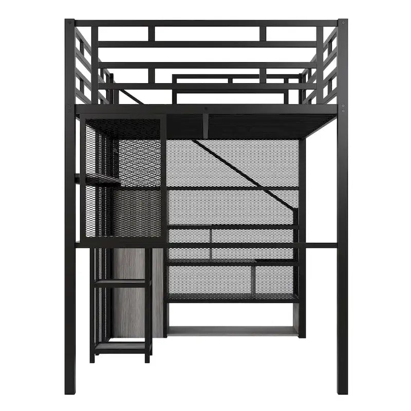 Weißes Metall-Hochbett in voller Größe mit Stauraumtreppe, Kleiderschrank, Schreibtisch und Regalen