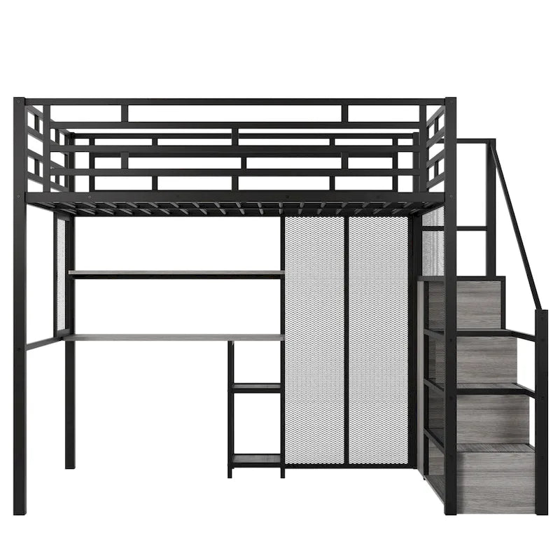 Weißes Metall-Hochbett in voller Größe mit Stauraumtreppe, Kleiderschrank, Schreibtisch und Regalen