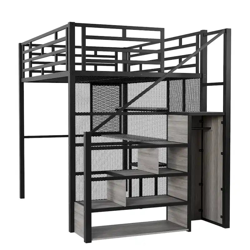 Weißes Metall-Hochbett in voller Größe mit Stauraumtreppe, Kleiderschrank, Schreibtisch und Regalen