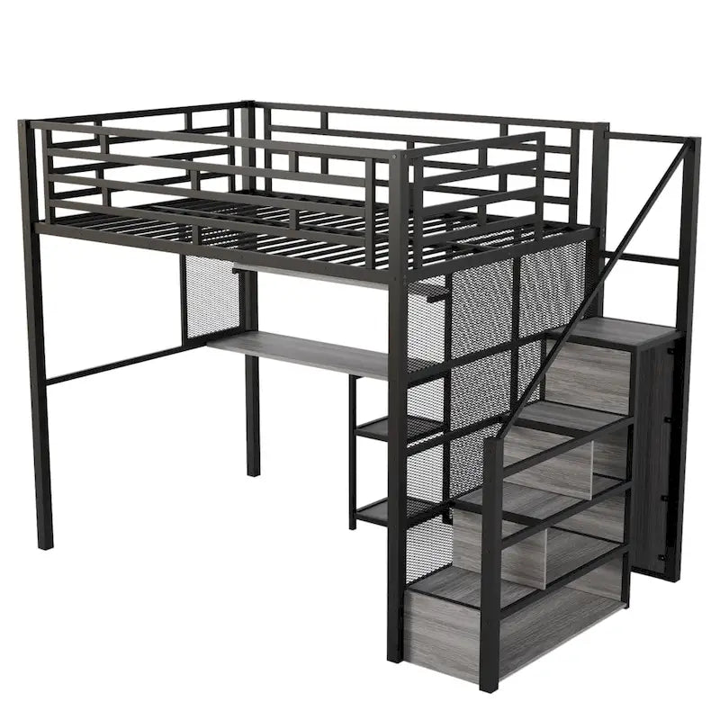 Weißes Metall-Hochbett in voller Größe mit Stauraumtreppe, Kleiderschrank, Schreibtisch und Regalen