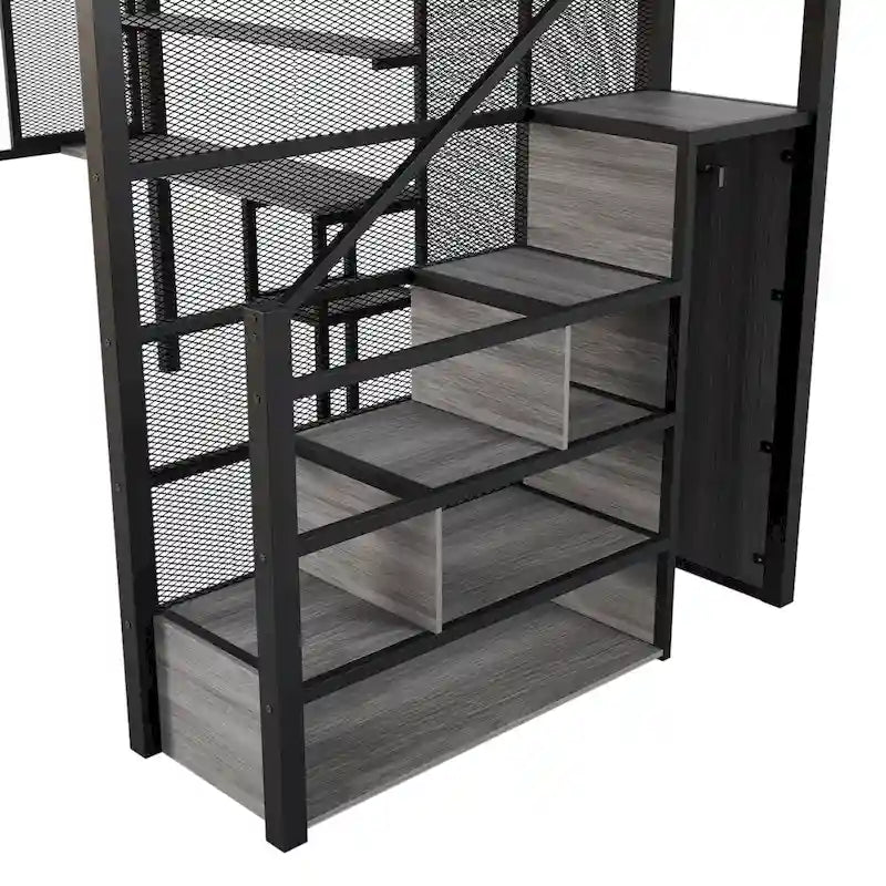 Weißes Metall-Hochbett in voller Größe mit Stauraumtreppe, Kleiderschrank, Schreibtisch und Regalen