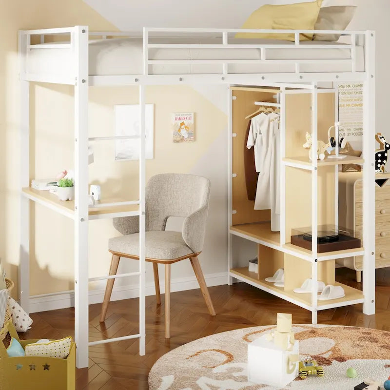 Metall-Hochbett mit Kleiderschrank, Schreibtisch, Aufbewahrungsregalen und Treppe, Weiß-Schwarz