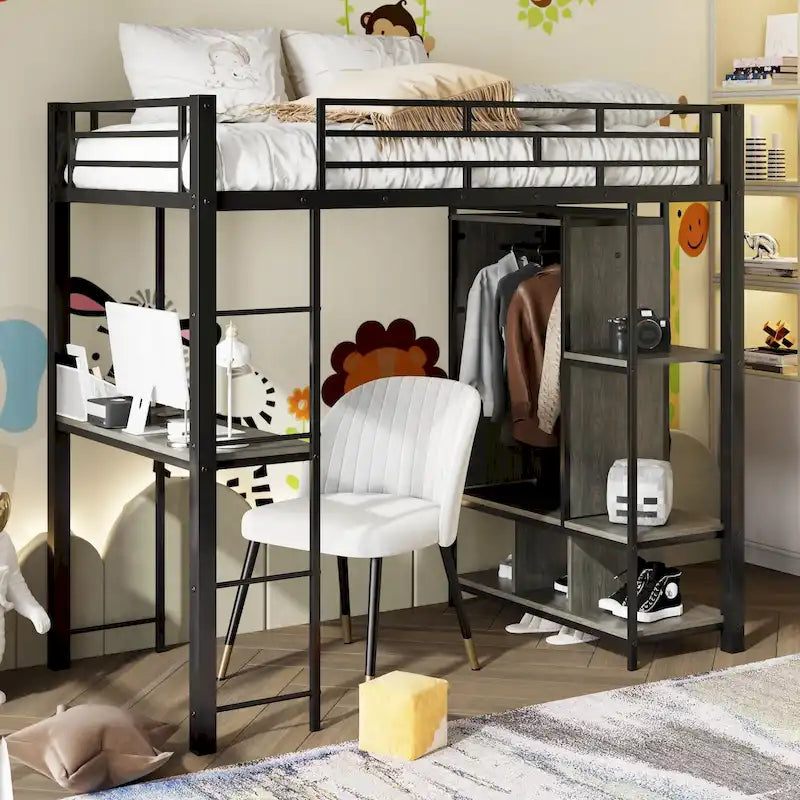 Metall-Hochbett mit Kleiderschrank, Schreibtisch, Aufbewahrungsregalen und Treppe, Weiß-Schwarz