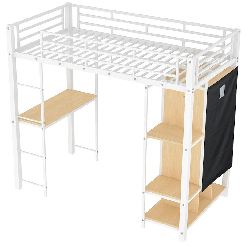 Metall-Hochbett mit Kleiderschrank, Schreibtisch, Aufbewahrungsregalen und Treppe, Weiß-Schwarz
