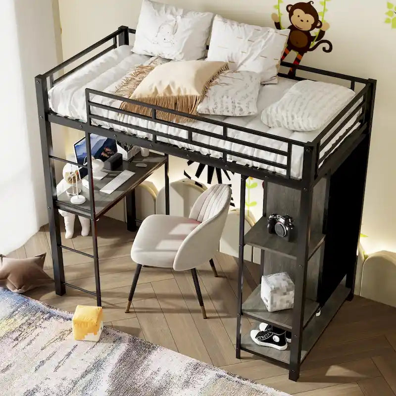Metall-Hochbett mit Kleiderschrank, Schreibtisch, Aufbewahrungsregalen und Treppe, Weiß-Schwarz