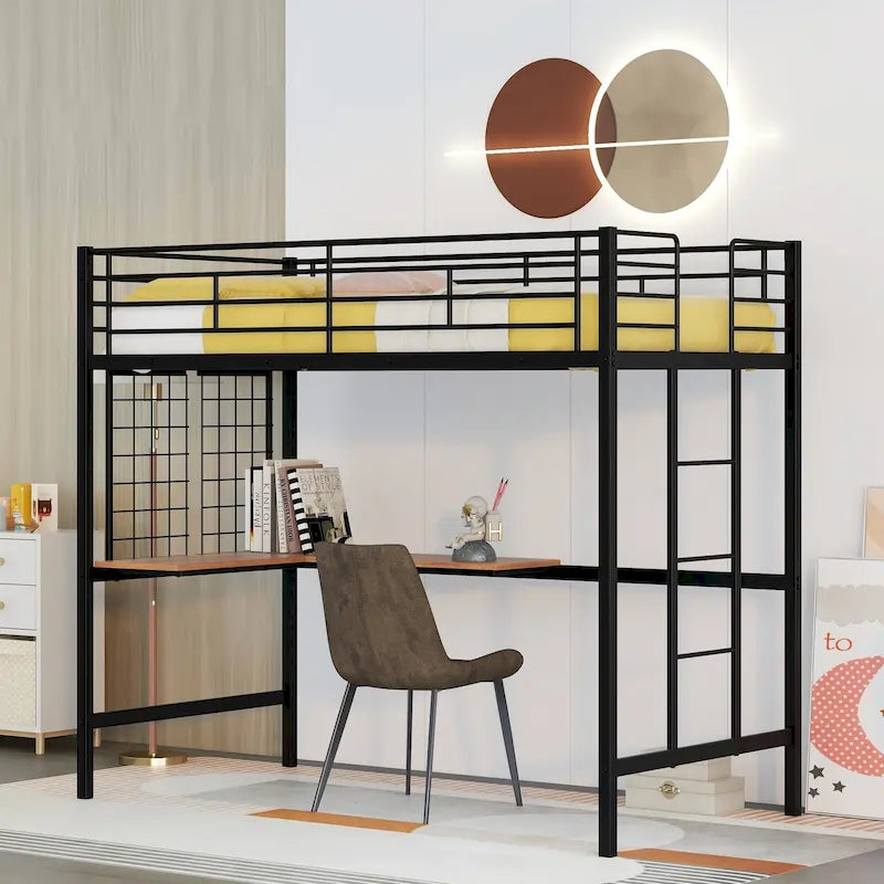 Black Metal Loft Bed with Built-In Desk, Ladder, and Wire Grid Storage