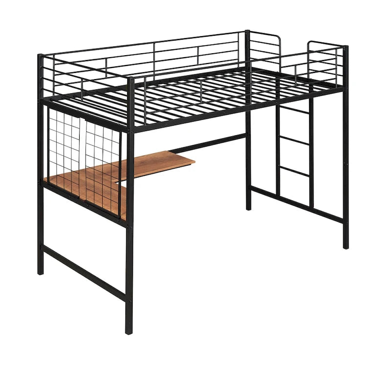 Black Metal Loft Bed with Built-In Desk, Ladder, and Wire Grid Storage