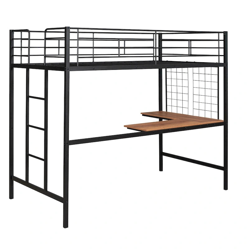 Black Metal Loft Bed with Built-In Desk, Ladder, and Wire Grid Storage
