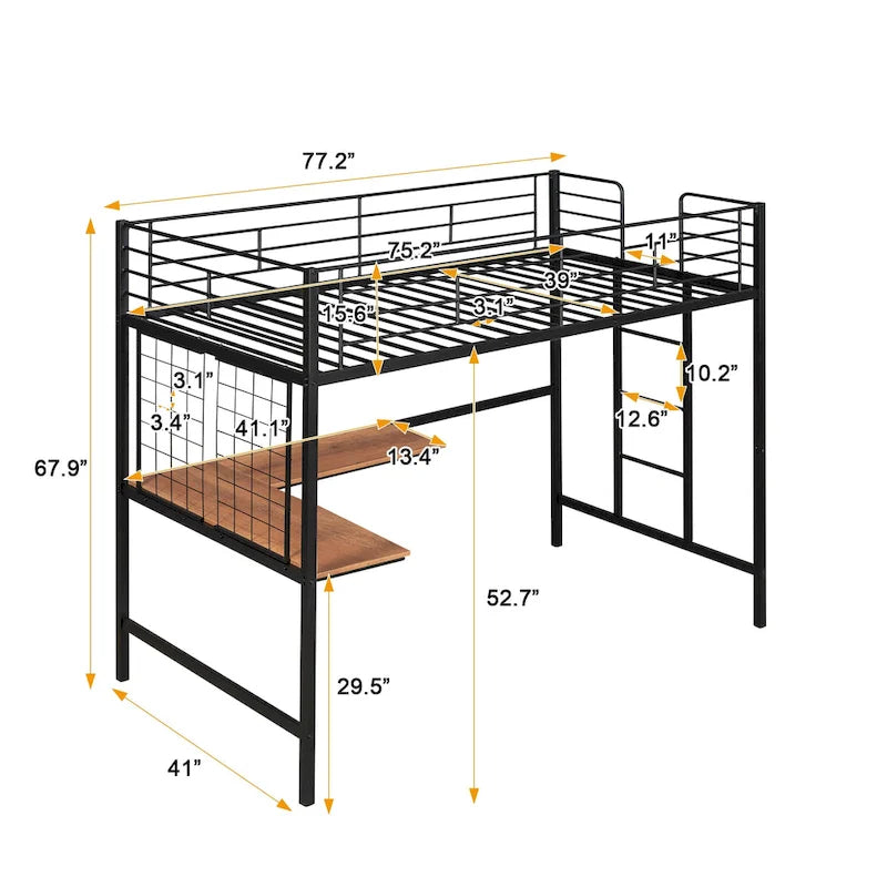 Black Metal Loft Bed with Built-In Desk, Ladder, and Wire Grid Storage