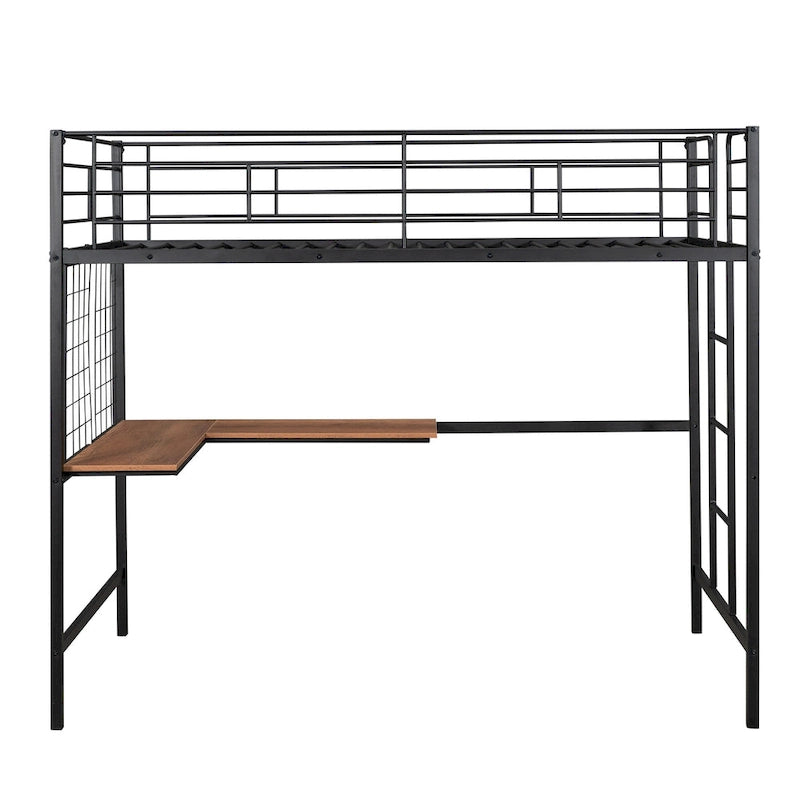 Black Metal Loft Bed with Built-In Desk, Ladder, and Wire Grid Storage