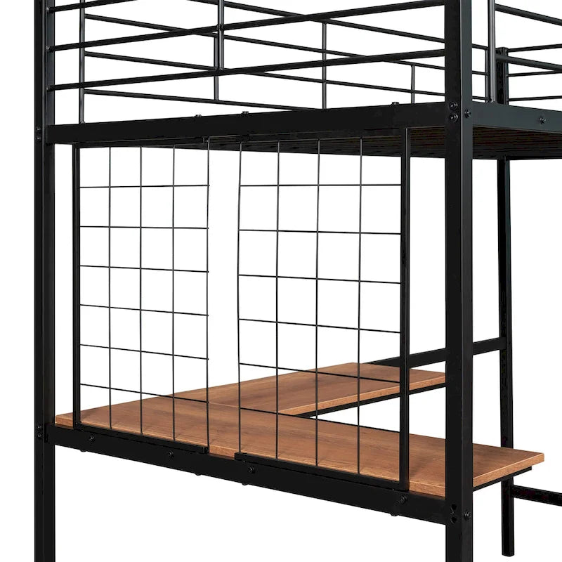 Black Metal Loft Bed with Built-In Desk, Ladder, and Wire Grid Storage