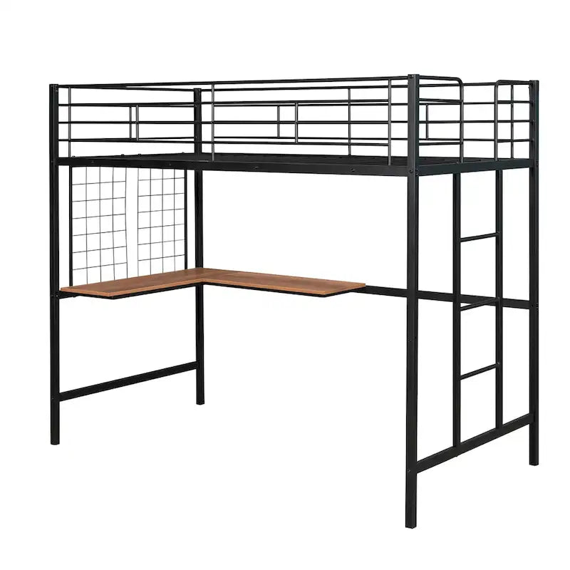 Black Metal Loft Bed with Built-In Desk, Ladder, and Wire Grid Storage