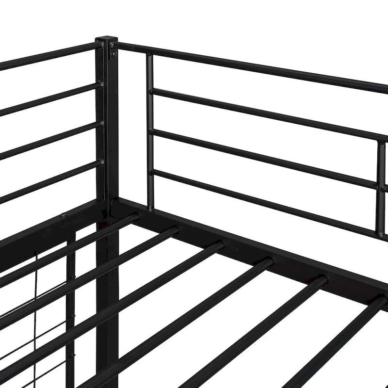 Black Metal Loft Bed with Built-In Desk, Ladder, and Wire Grid Storage