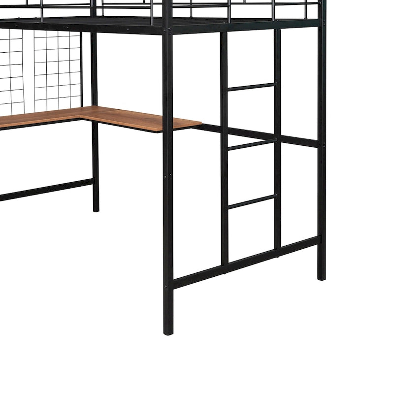 Black Metal Loft Bed with Built-In Desk, Ladder, and Wire Grid Storage