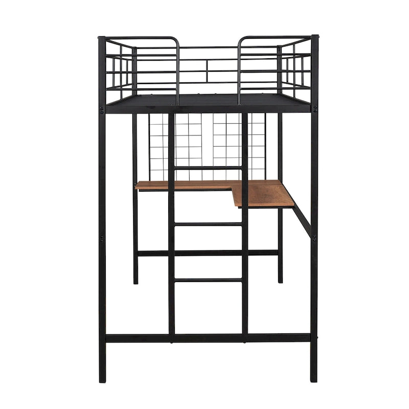 Black Metal Loft Bed with Built-In Desk, Ladder, and Wire Grid Storage