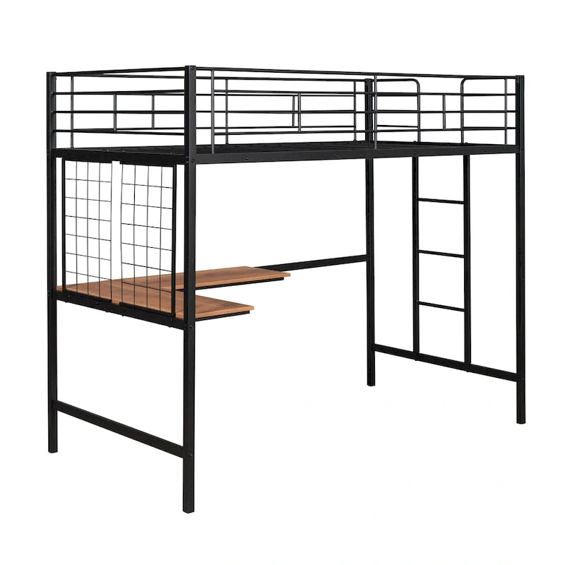 Black Metal Loft Bed with Built-In Desk, Ladder, and Wire Grid Storage