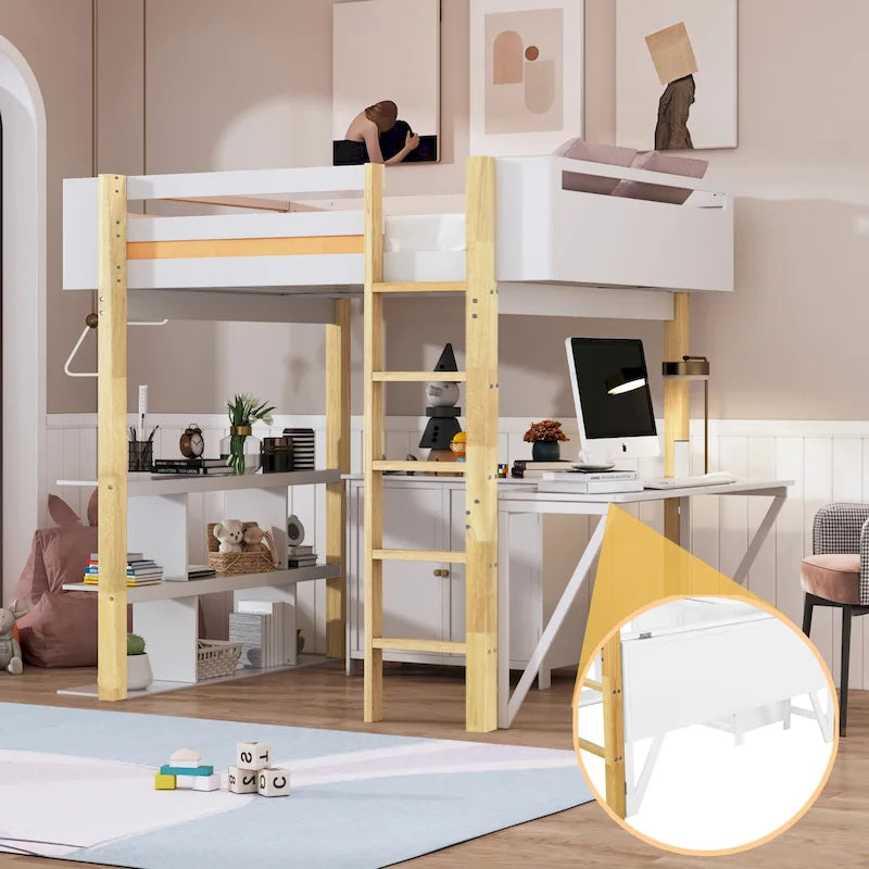 White Two-Tone Loft Bed with Storage Cabinet and Foldable Desk
