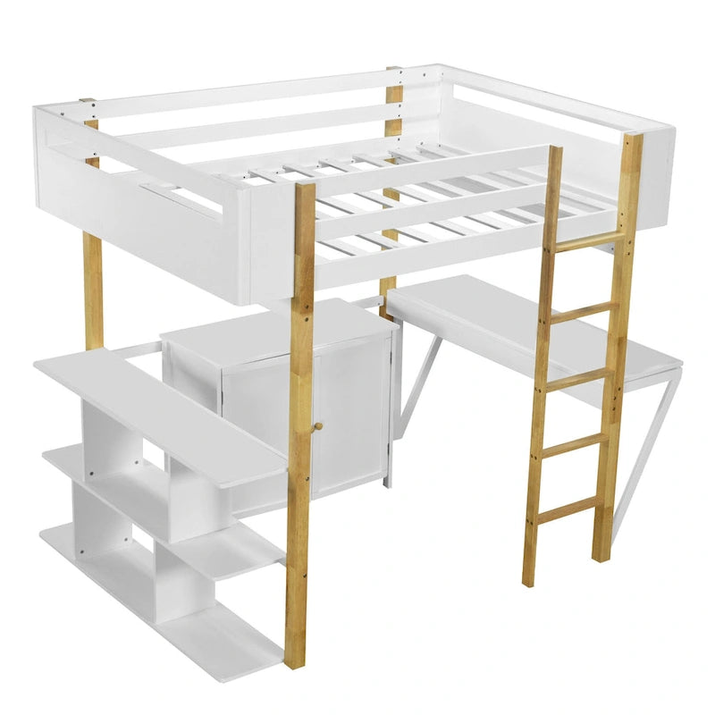 White Two-Tone Loft Bed with Storage Cabinet and Foldable Desk