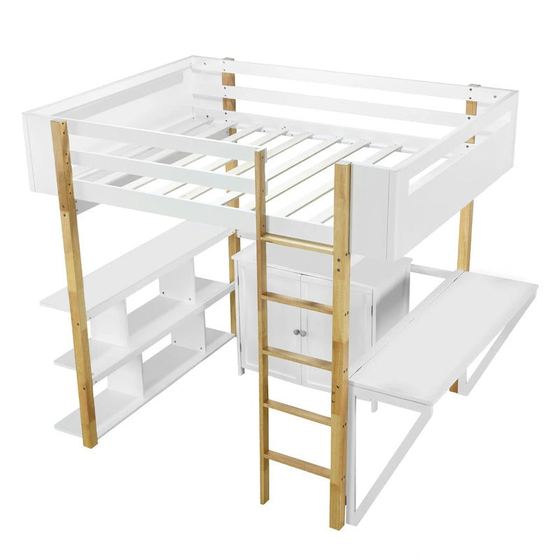 White Two-Tone Loft Bed with Storage Cabinet and Foldable Desk