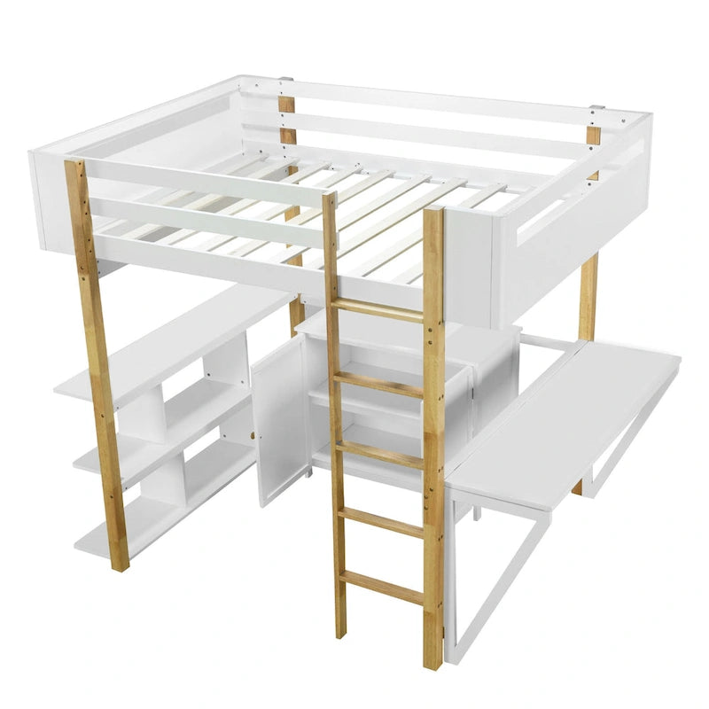White Two-Tone Loft Bed with Storage Cabinet and Foldable Desk