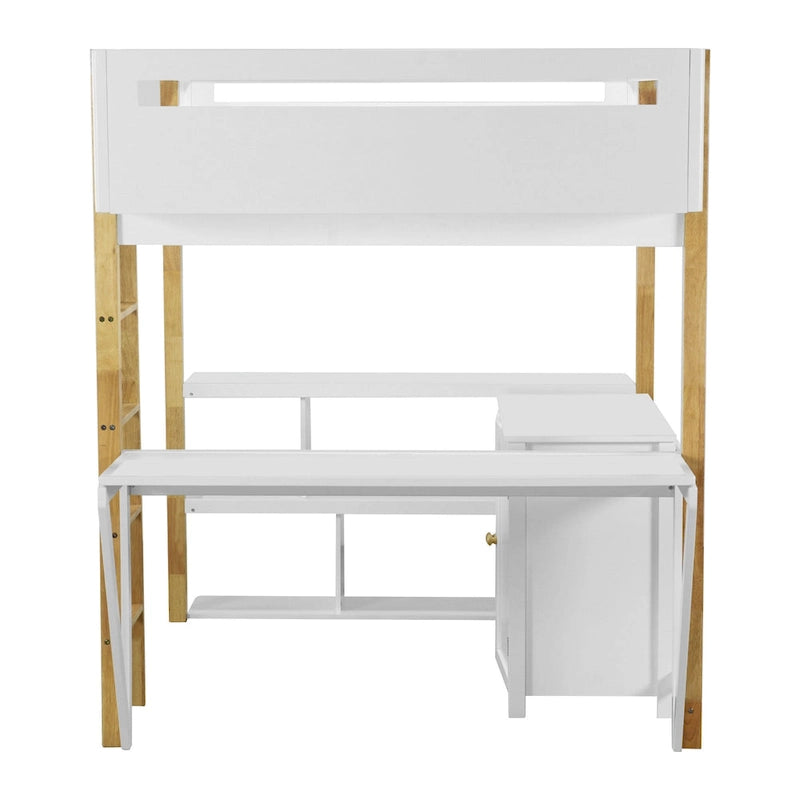 White Two-Tone Loft Bed with Storage Cabinet and Foldable Desk