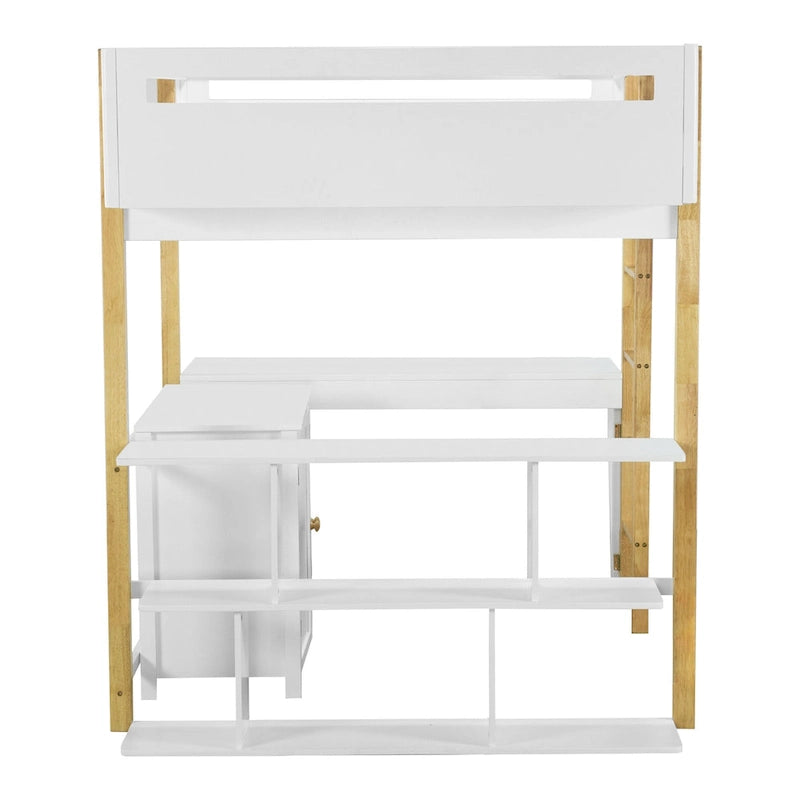 White Two-Tone Loft Bed with Storage Cabinet and Foldable Desk