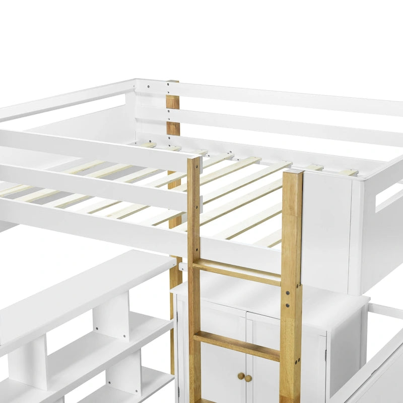 White Two-Tone Loft Bed with Storage Cabinet and Foldable Desk